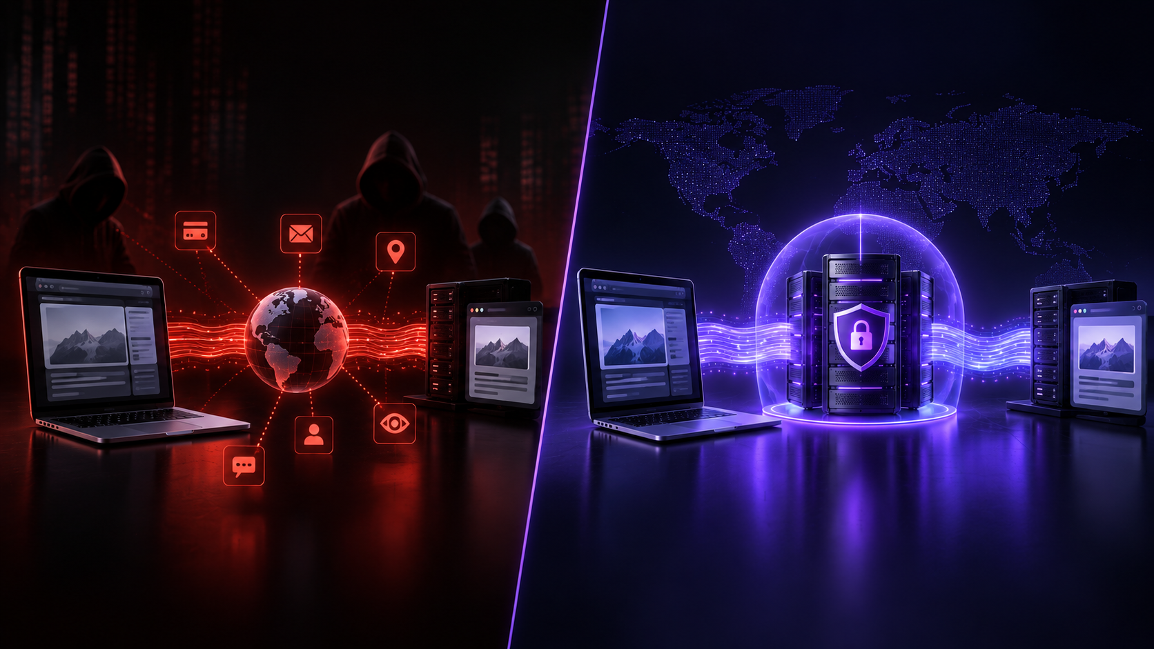 Схема работы VPN: смартфон, защищённый сервер и интернет-сервисы